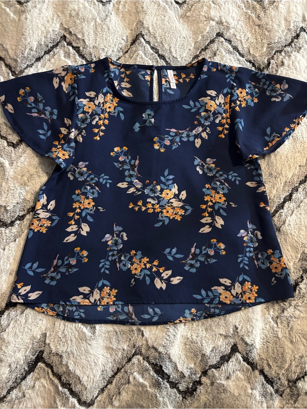 Xhilaration Navy Floral Short Sleeve Blouse with Mustard Accents